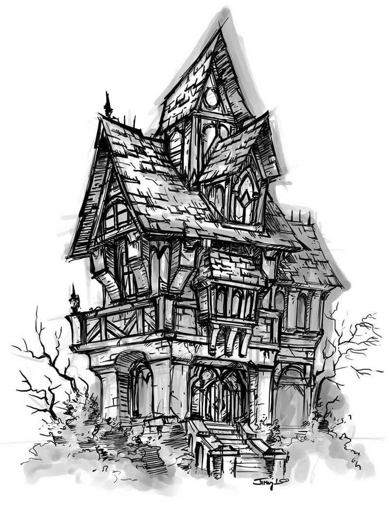800x1070 world of warcraft cataclysm art pictures, house sketch - Creepy House Drawing