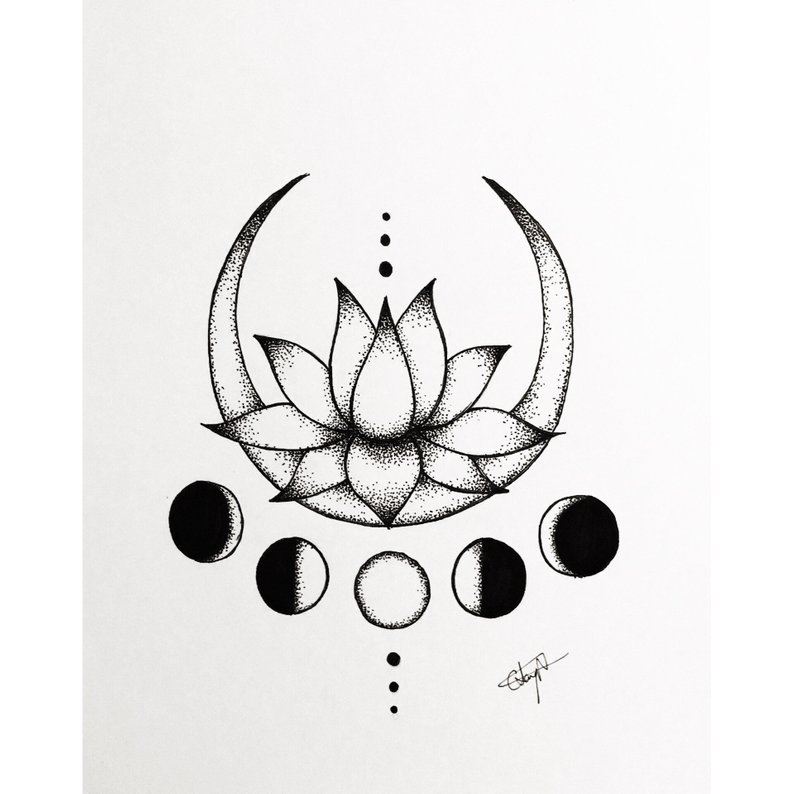 794x794 lotus yoga meditation crescent moon drawing illustration etsy - Cre...