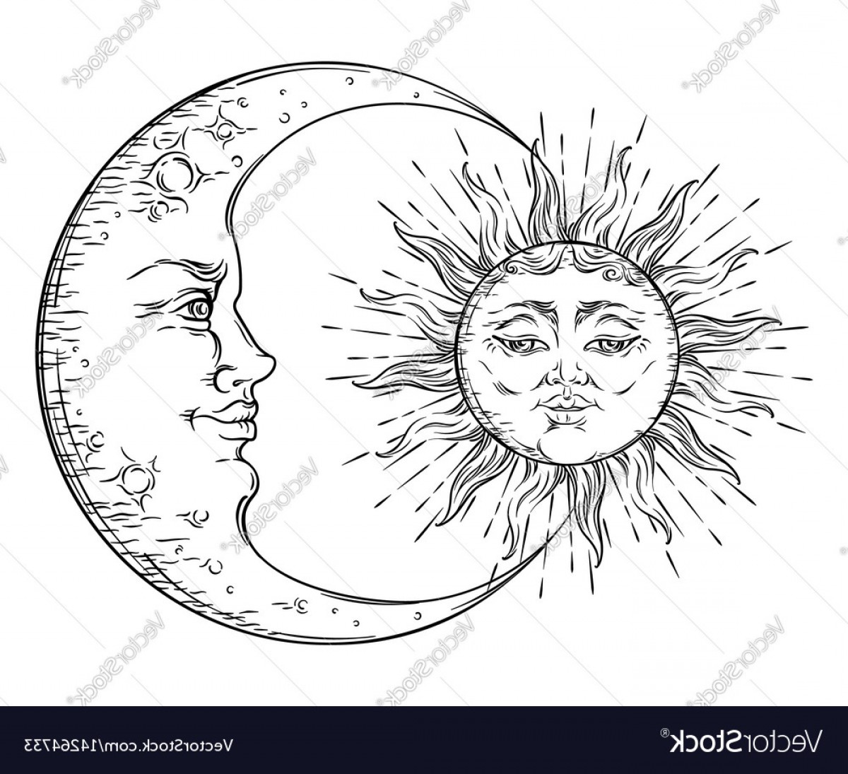 1200x1095 antique hand drawn art sun and crescent moon vector soidergi - Crescent Moon Face Drawing