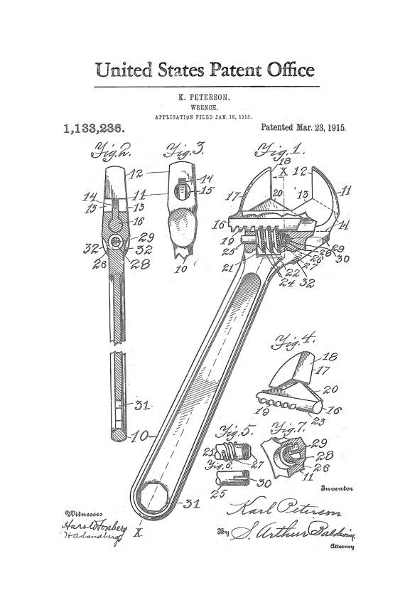 570x837 Adjustable Wrench Patent - Crescent Wrench Drawing