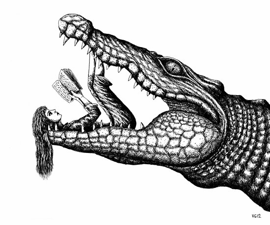 550x459 Crocodile Reading Surreal Pen Ink Black And White Drawing Posters - Crocodile Drawing