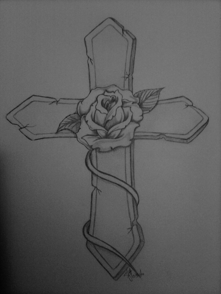 750x1000 Cross And Rose Tattoo Design - Cross And Rose Drawing