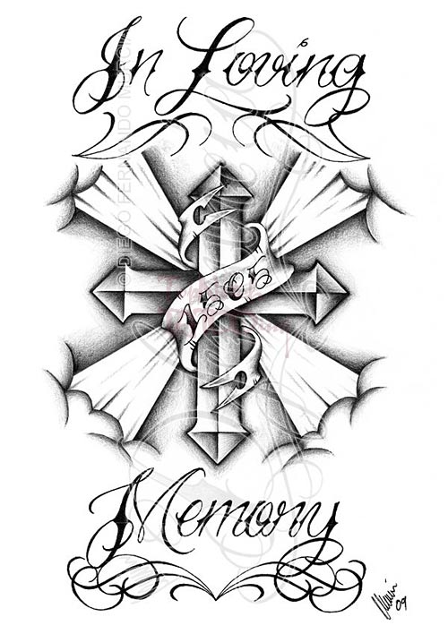 500x708 Memorial Cross Banner Tattoo Design - Cross Drawing Ideas