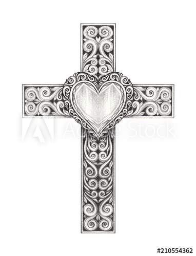 382x500 Art Design Heart Mix Vintage Cross Hand Pencil Drawing On Paper - Cross Pencil Drawings