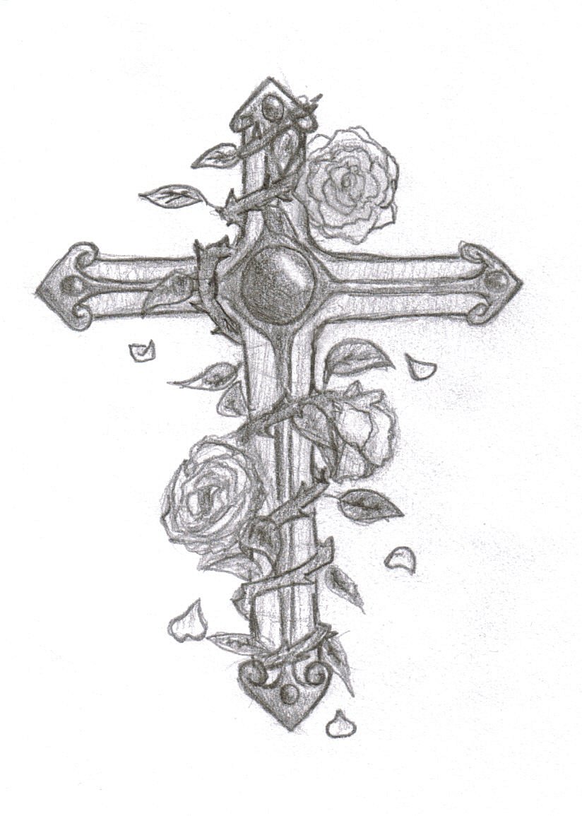 Drawing Vine Cross For Free Download - Cross With A Rose Drawing. 