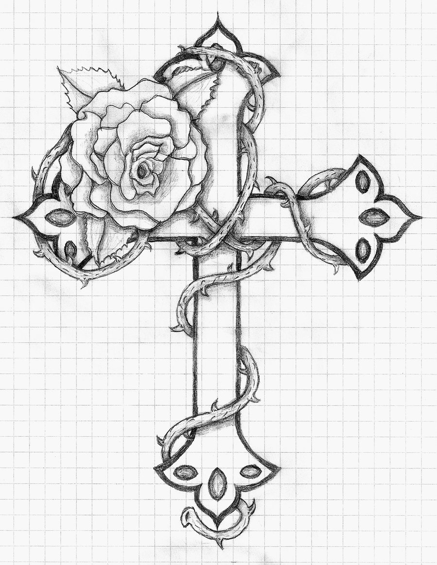 900x1163 Step - Cross With A Rose Drawing