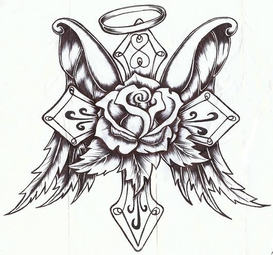531x497 Cross Rose With Wings - Cross With A Rose Drawing