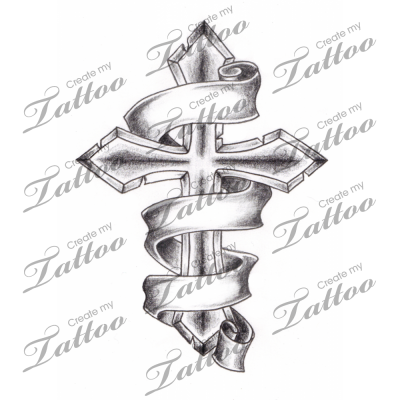 400x400 marketplace tattoo shaded cross with banners - Cross With Banner Drawing