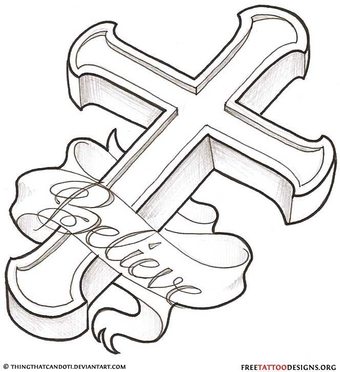 664x726 Stencils And Patterns Tattoo Designs - Cross With Ribbon Drawing