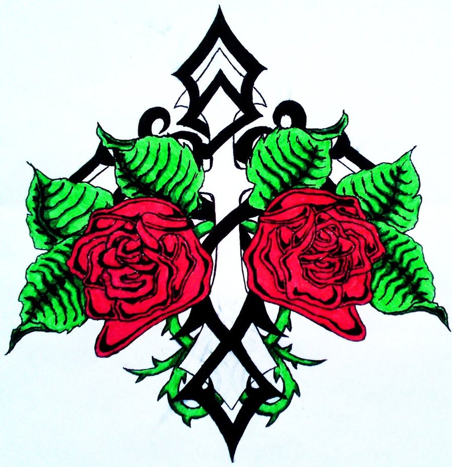 879x909 Drawing Simple Cross Rose Tattoo - Cross With Roses Drawings