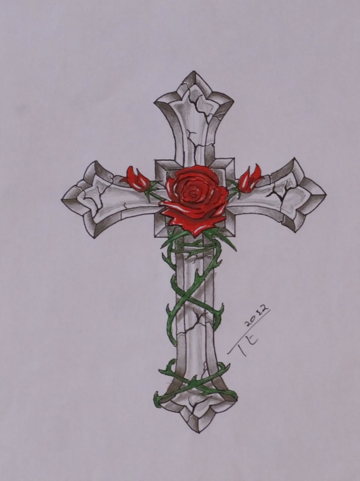 Grey Ink Rose And Cross Tattoo Design - Cross With Roses Drawings. 