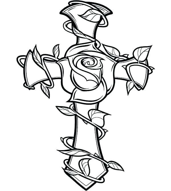 600x673 Coloring Pages Roses - Cross With Roses Drawings