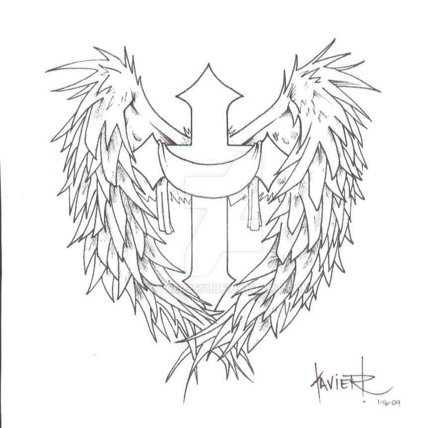 900x862 Cross Wings Tattoo - Cross With Wings Drawing