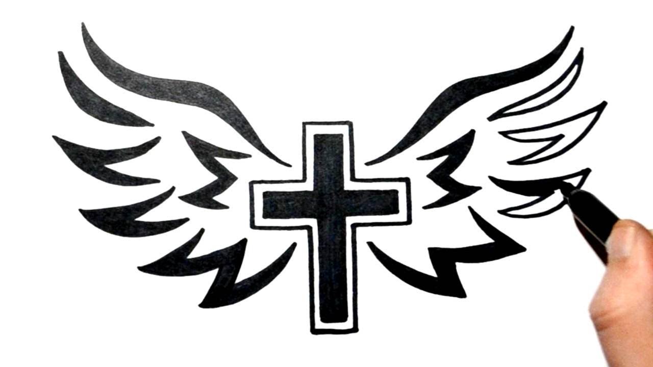How To Draw A Cross With Wings - Cross With Wings Drawing. 