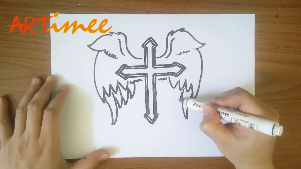 1280x720 How To Draw A Cross With Wings - Cross With Wings Drawing