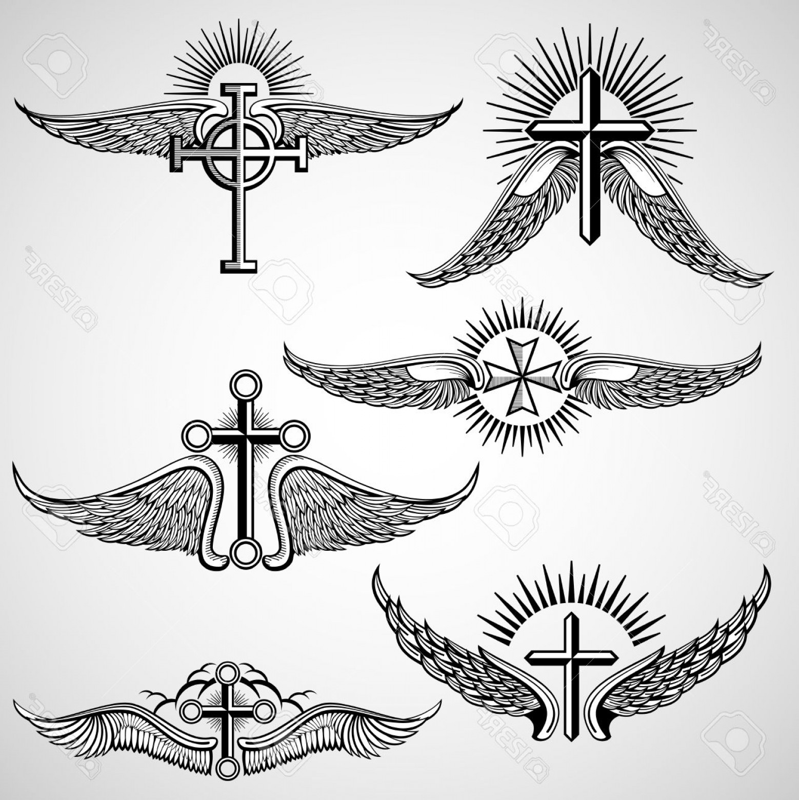 1558x1560 Photostock Vector Vintage Cross And Wings Tattoo Vector Elements - Cross With Wings Drawing