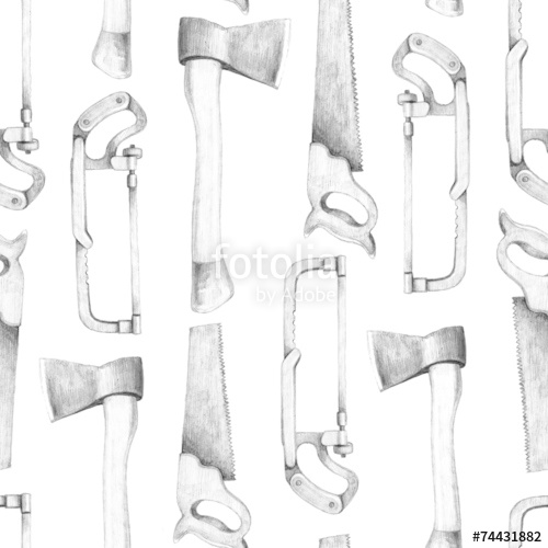 500x500 old axe and crosscut saw drawings seamless pattern stock photo - Crosscut Saw Drawing