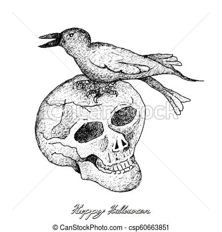450x470 Hand Drawn Of Skull And Crow For Halloween Celebration Holidays - Crow Skull Drawing