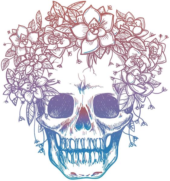 563x600 Pink Blue Ombre Skull With Flower Crown Drawing Vinyl Decal - Crown Drawing