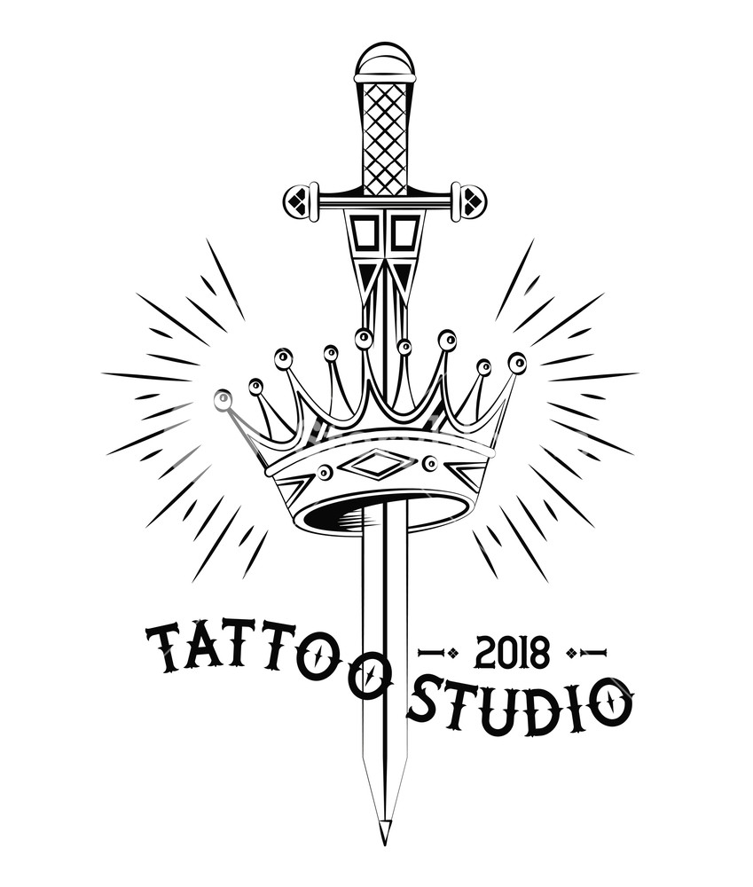 849x1000 Old School Tattoo Sword And Crown Drawing Design Vector - Crown Drawing Tattoo