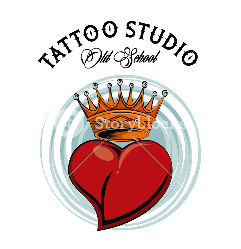 966x1000 Old School Tattoo Heart With Crown Drawing Design Vector - Crown Drawing Vector