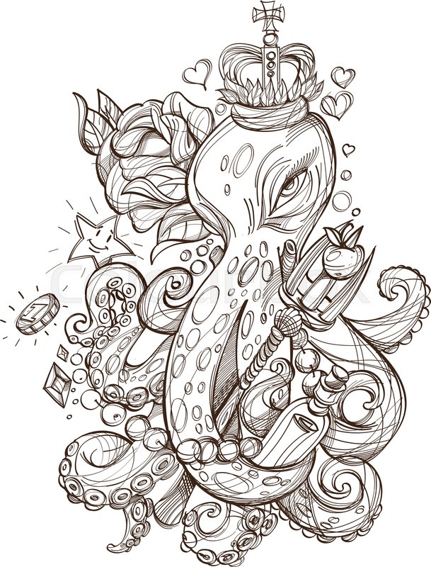 609x800 Octopus In The Crown With The Red Rose Stock Vector Colourbox - Crown Outline Drawing