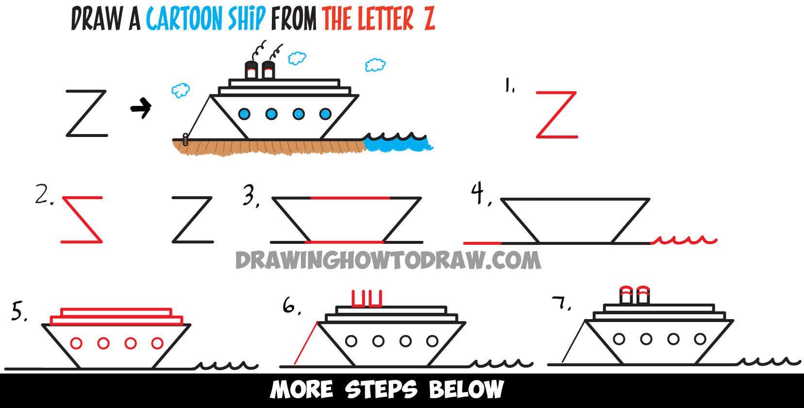 1656x840 How To Draw A Cartoon Ship From The Letter Z Shape - Cruise Drawing