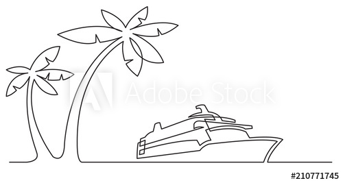 500x267 continuous line drawing of palm trees and cruise ship - Cruise Drawing