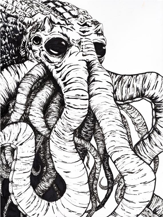 570x759 Cthulhu Drawing Black And White Print Etsy - Cthulhu Drawing