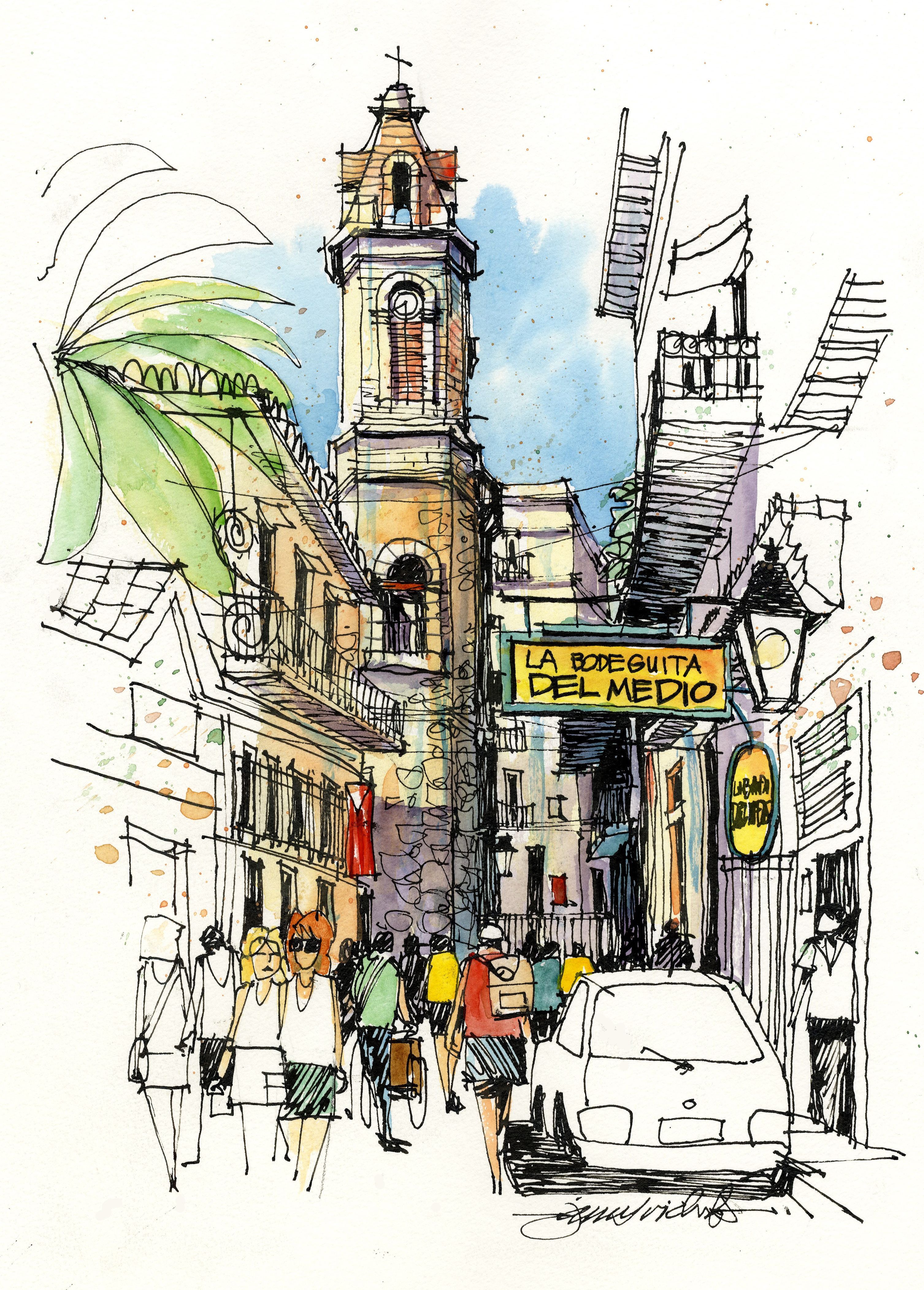 3013x4206 drawing hemingway's cuba james richards sketches, watercolor - Cuba Drawing