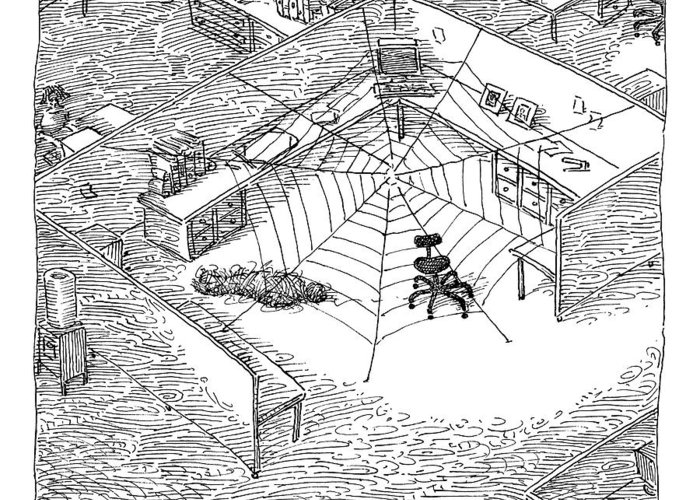 700x500 a web has entangled a man at his cubicle greeting card for sale - Cubicle Drawing