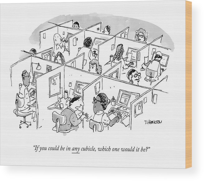 655x581 two cubicle employees talk wood print - Cubicle Drawing