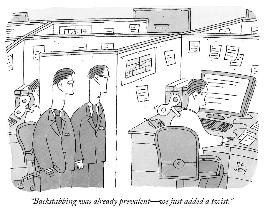 900x728 two men look at a man in a cubicle drawing - Cubicle Drawing