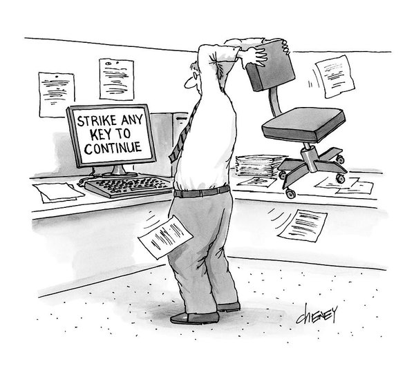 599x546 a man in an office cubicle holds a chair art print - Cubicle Drawing