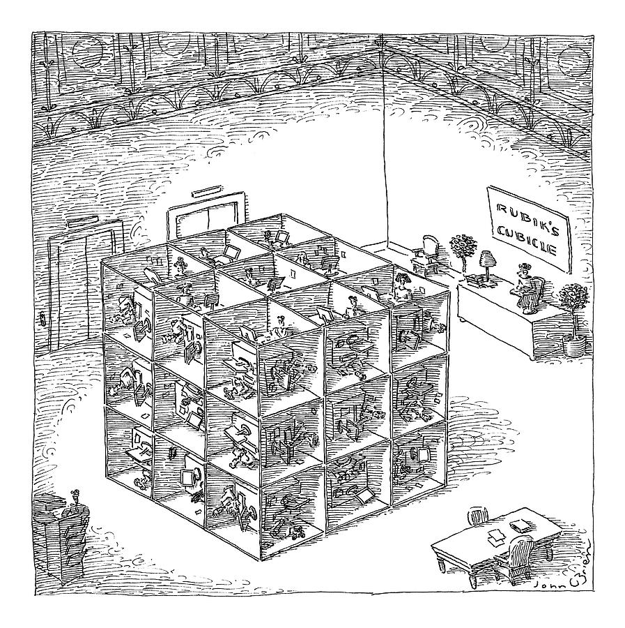 897x900 a rubik's cube comprised of cubicles with workers drawing - Cubicle Drawing