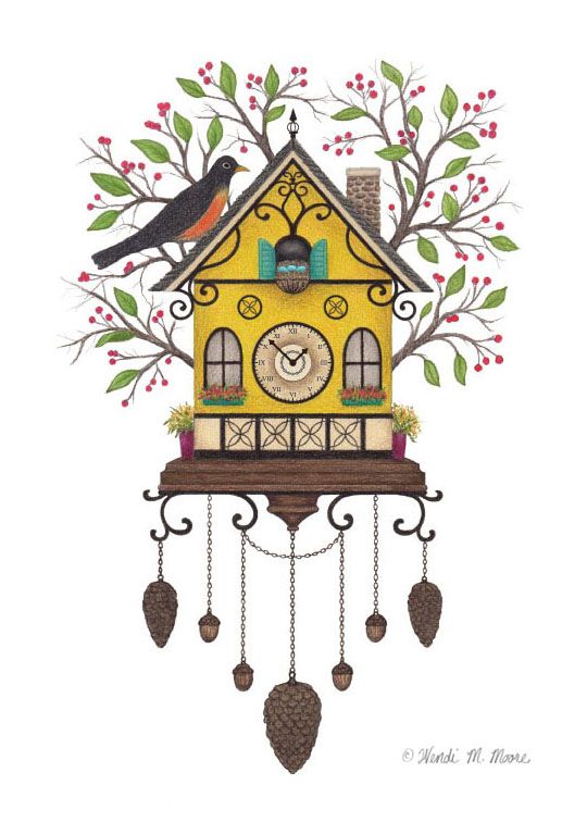 540x756 robin's cuckoo clock vector drawing printed on watercolor paper - Cuckoo Clock Drawing