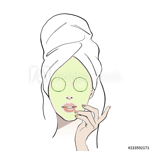 500x500 spa day card concept woman wears with towel on head, vector hand - Cucumber Slice Drawing