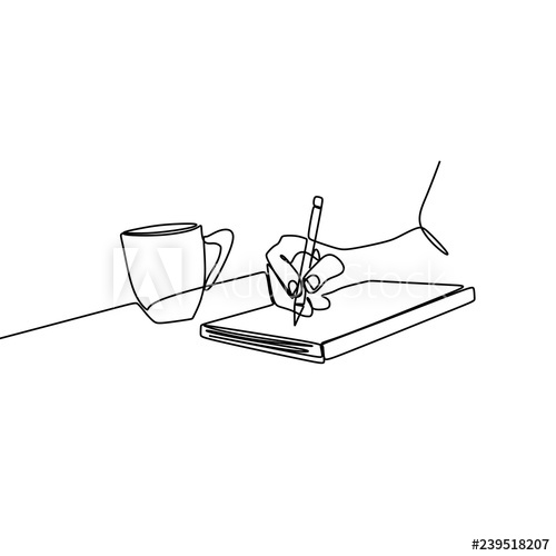 500x500 One Line Drawing Of A Hand Writing On A Book Beside Of A Cup - Cup Line Drawing