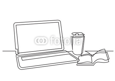 400x283 Continuous Line Drawing Of Laptop Computer And Cup Of Coffee Buy - Cup Line Drawing