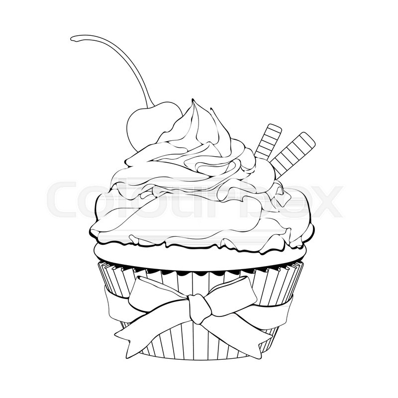 800x800 Cupcake With Cream, With A Cherry On Stock Vector Colourbox - Cupcake Black And White Drawing
