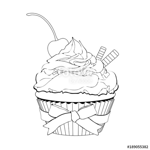 500x500 cupcake with cream, with a cherry on top and waffles, vector - Cupcake Black And White Drawing