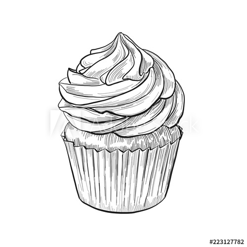 500x500 Hand Drawn Cupcake Sketch, Black And White Ink Line Art, Vintage - Cupcake Drawing Black And White