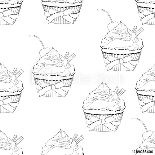 500x500 Cupcake Seamless Pattern, Vector Outline Illustration, Coloring - Cupcake Drawing Outline