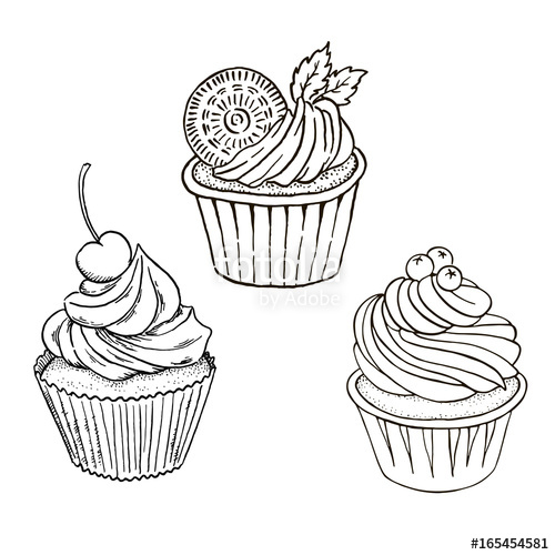 500x500 Hand Drawn Vector Black And White Outline Cupcakes, Good - Cupcake Drawing Outline