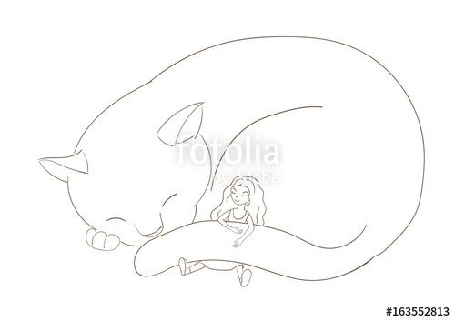 500x353 hand drawn vector illustration of a very big cat, curled up - Curled Up Cat Drawing