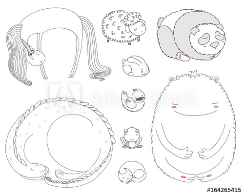 500x400 set of hand drawn vector illustrations of cute sleeping animals - Curled Up Cat Drawing