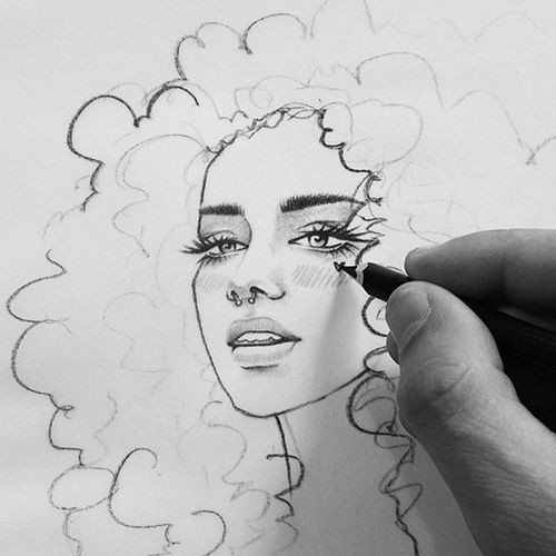 500x500 Image About Girl In Art - Curly Hair Drawing