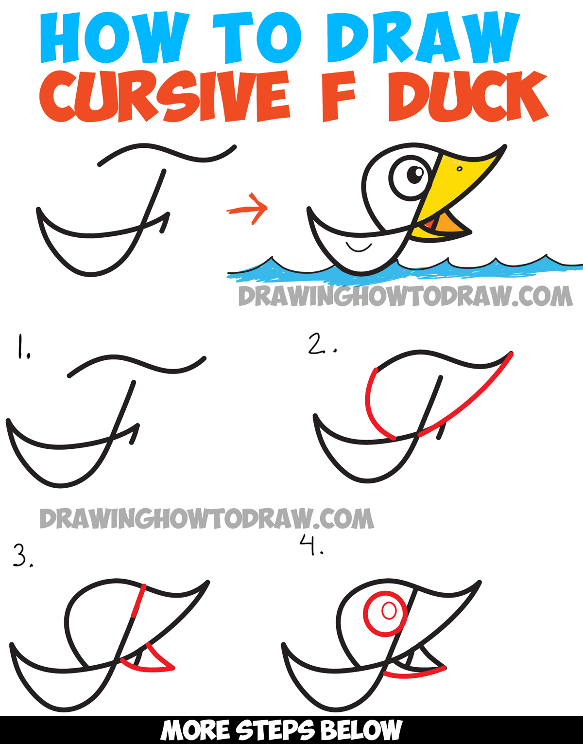 1200x1530 how to draw cartoon duck on water from cursive letter f - Cursive Drawing