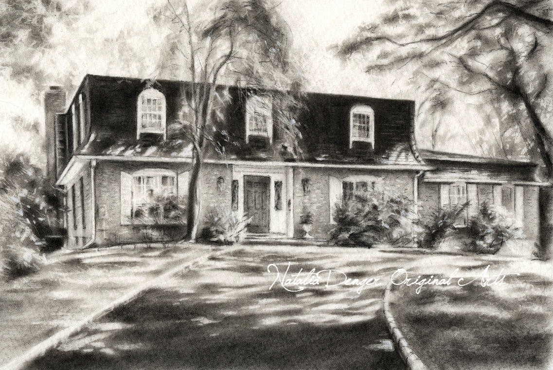 1137x760 Landscape Drawing Houses And Custom House Drawing Large Charcoal - Custom House Drawing