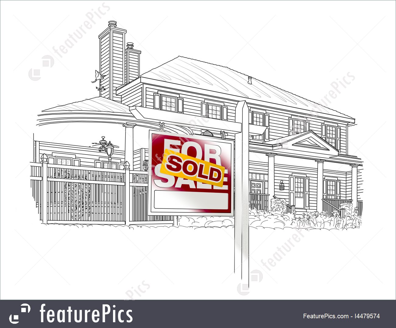 1300x1076 Custom House And Sold Real Estate Sign Drawing On White Stock - Custom House Drawing
